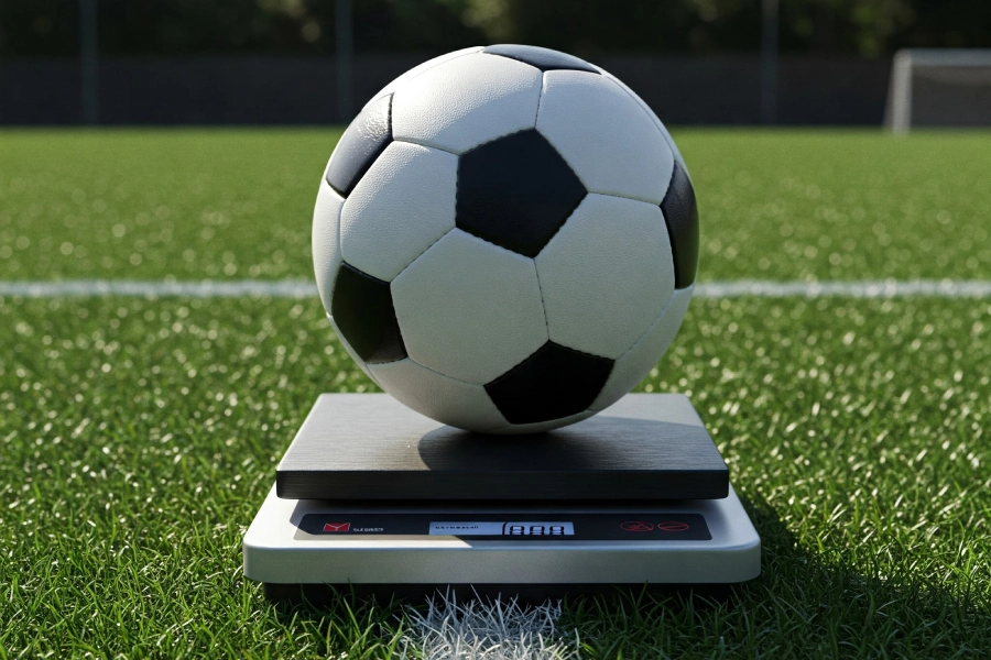 un ballon de football sur une balance sur un terrain de football