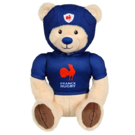 Une peluche d'ours en tenue de rugby