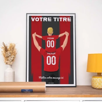 un poster rouge avec un papa et son garçon en tenus de footballeur