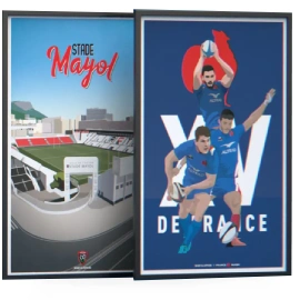 Deux posters illustrant l'histoire et les joueurs du rugby